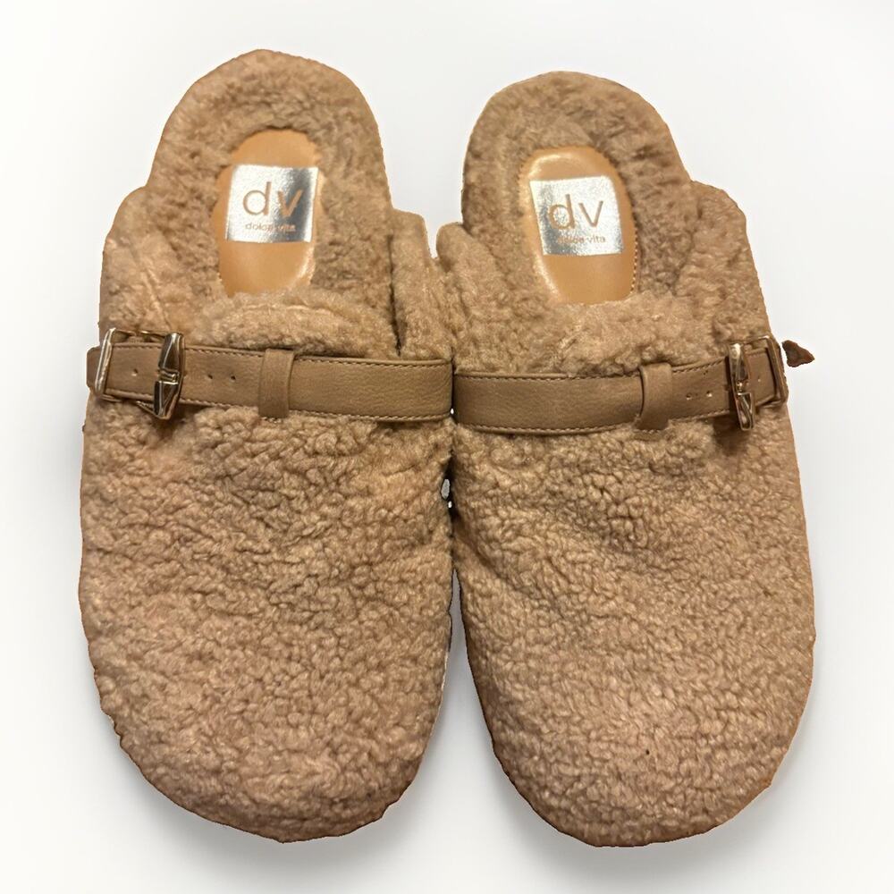 Dolce Vita Slippers Womens Size 8 Beige DV Anina Clog Faux Fur Buckle Lined